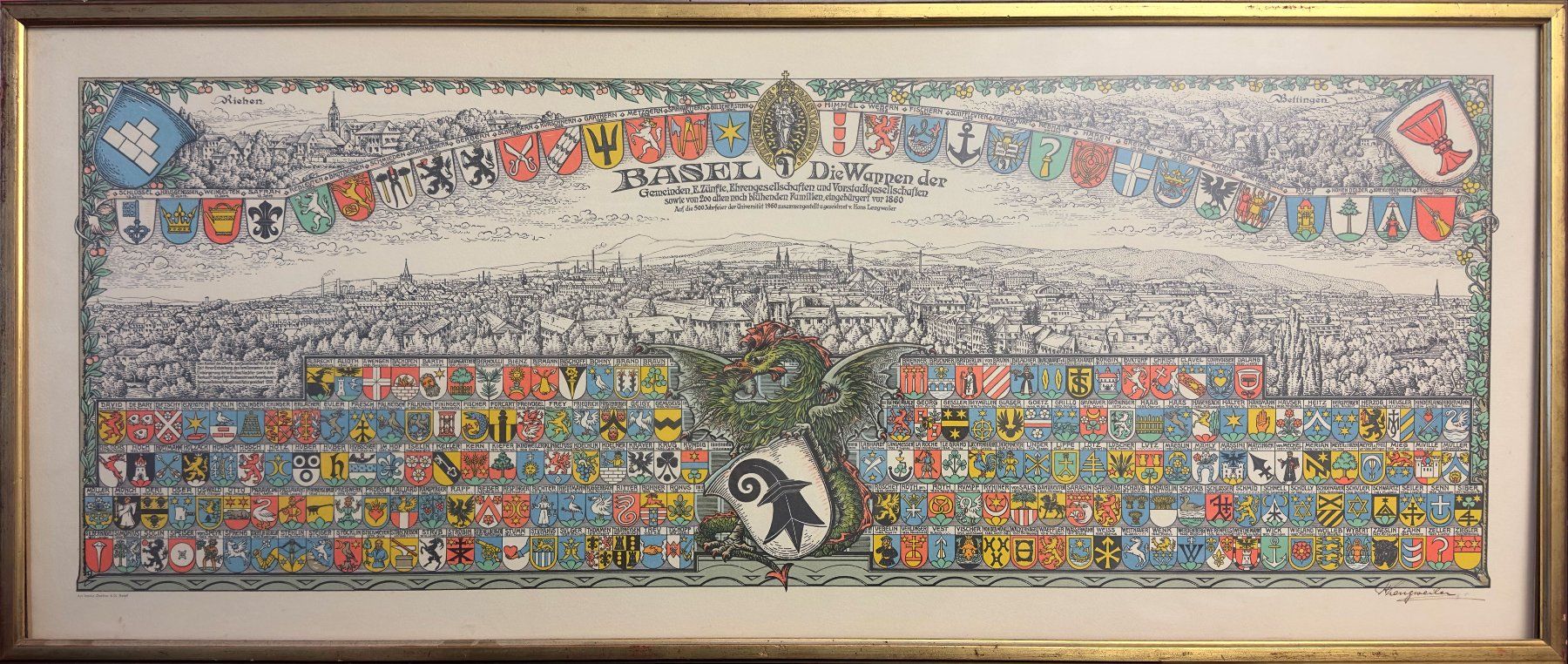 Basler Wappentafel 1960 Basler Wappentafel von 1960 mit den Wappen der Zünfte, Gesellschaften und rund 200 alten Basler Familien vor einem Stadtpanorama