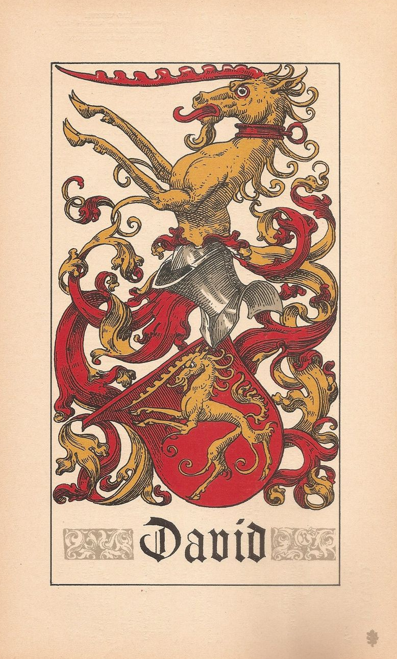 Familienwappen David Wappen der Familie David: goldenes Einhorn auf rotem Schild, als Helmzier ein wachsendes goldenes Einhorn